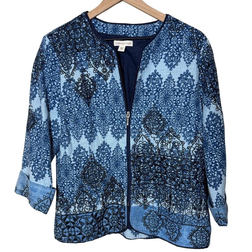 Coldwater Creek Linen‎ Blend Blue Embroidered Zip Jacket Size 10 Coastal Grandma